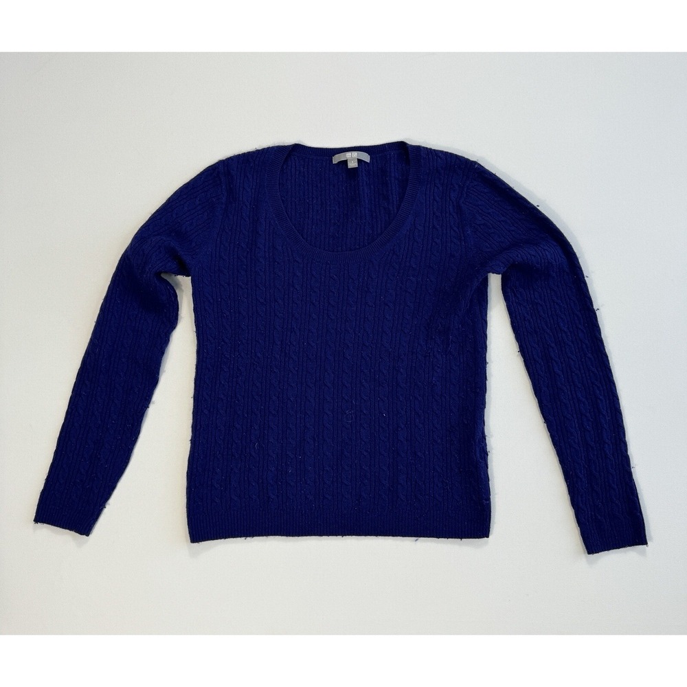 Uniqlo Small Blue Wool Cashmere Blend Cable Knit Scoop Neck Pullover Sweater